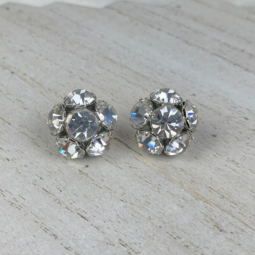 VTG 80’s CC Courtenay Crystal Star Ball Earrings White Clear Rhinestone Cluster